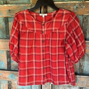 Rust red plaid blouse with puffy sleeves